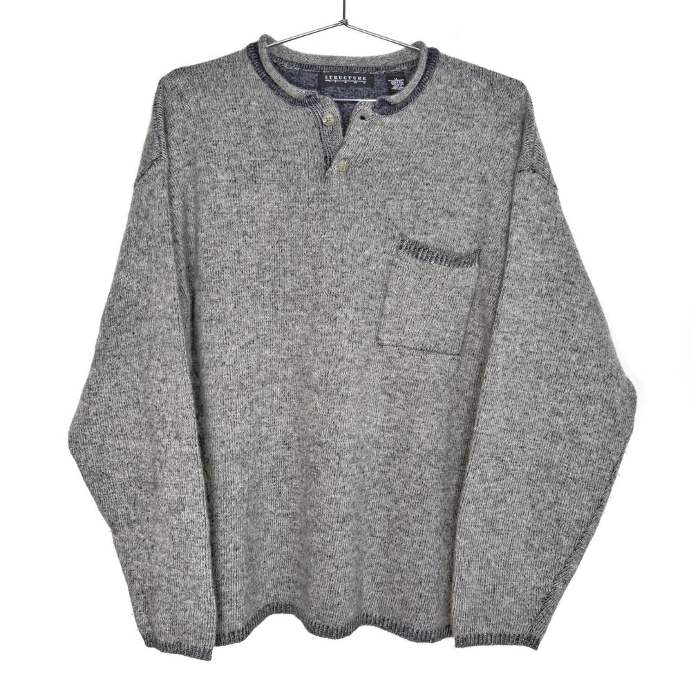 Vintage Structure Mens Medium Gray Lambswool Rabbit Hair Blend Henley Sweater